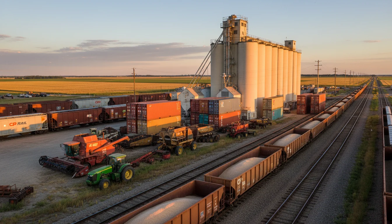 La lumière de l'heure dorée illumine des conteneurs empilés, des wagons de fret immobilisés et des machines usées dans un terminal céréalier canadien tranquille.