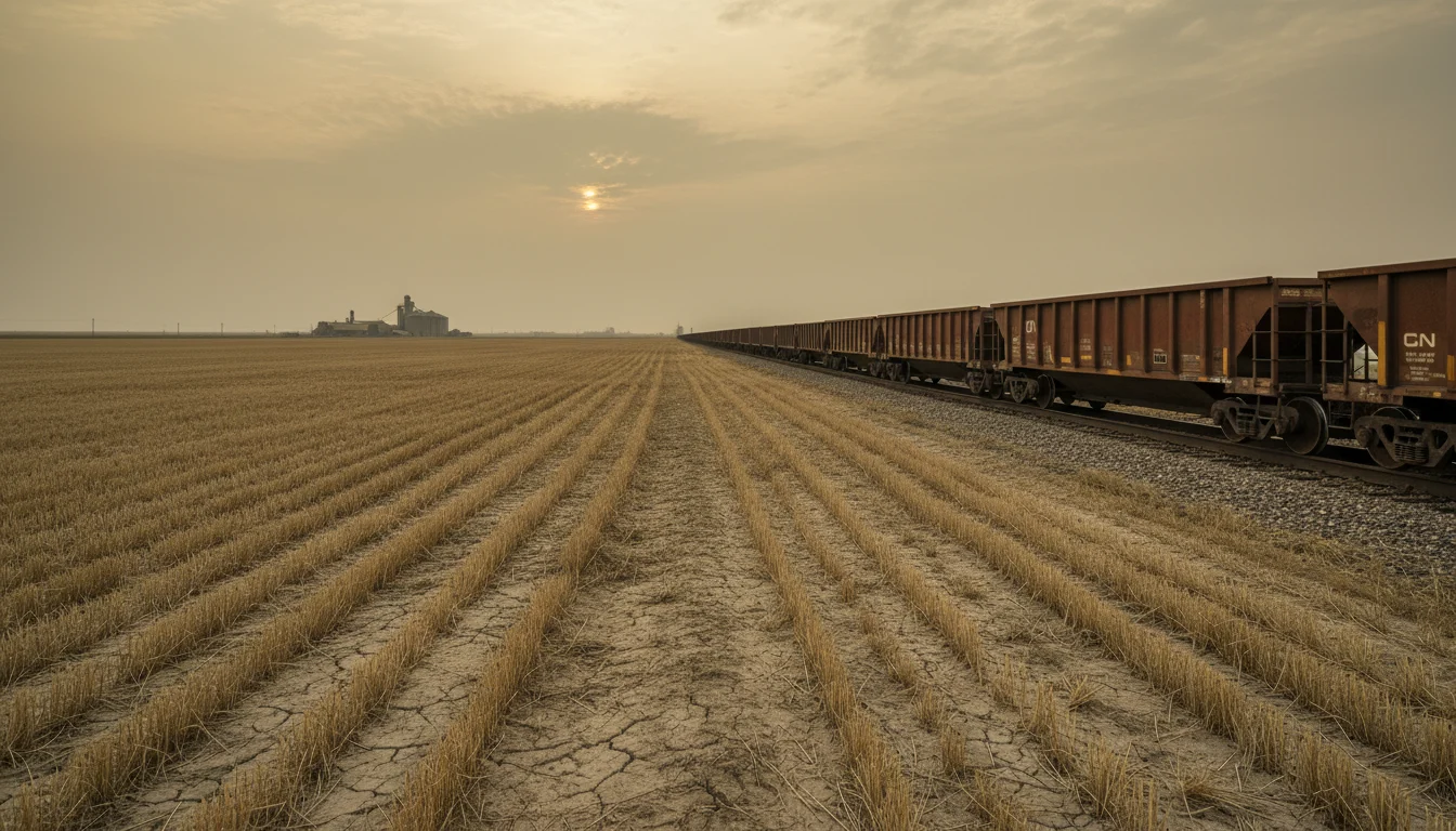 Des wagons de grain vides s'alignent sur les voies ferrées devant des cultures endommagées par la sécheresse sous un ciel des Prairies brumeux.