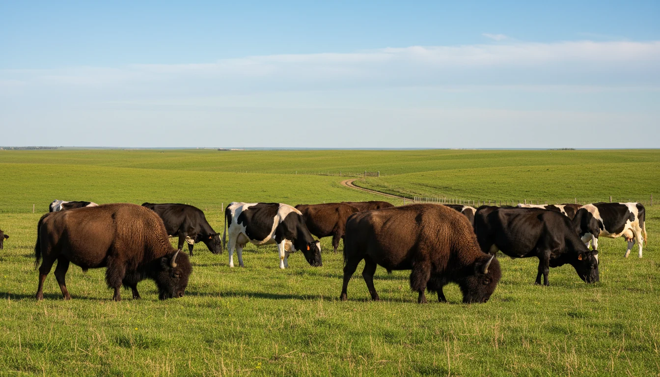 Pâturage canadien ensoleillé où les troupeaux de bisons et de produits laitiers paissent sur des collines ondulantes, les boucles auriculaires visibles, horizon lointain.