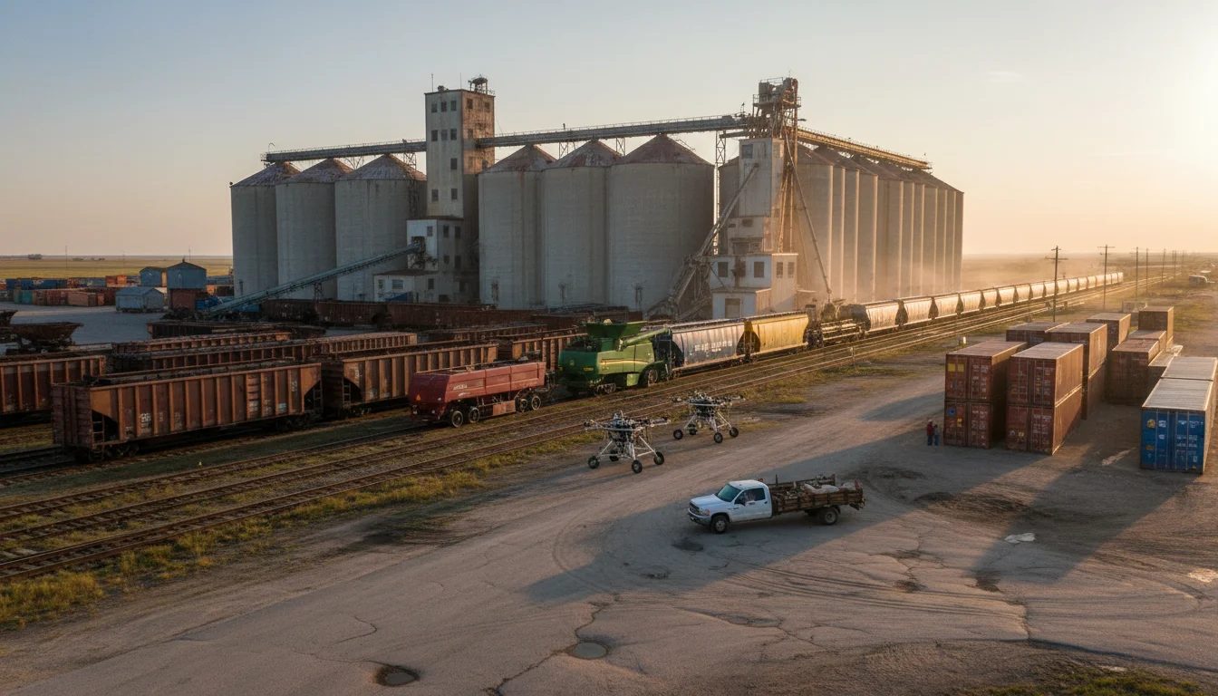 Golden hour Canadian grain terminal: rusted rail cars, concrete silos, modern equipment, and stacked containers on weathered asphalt.