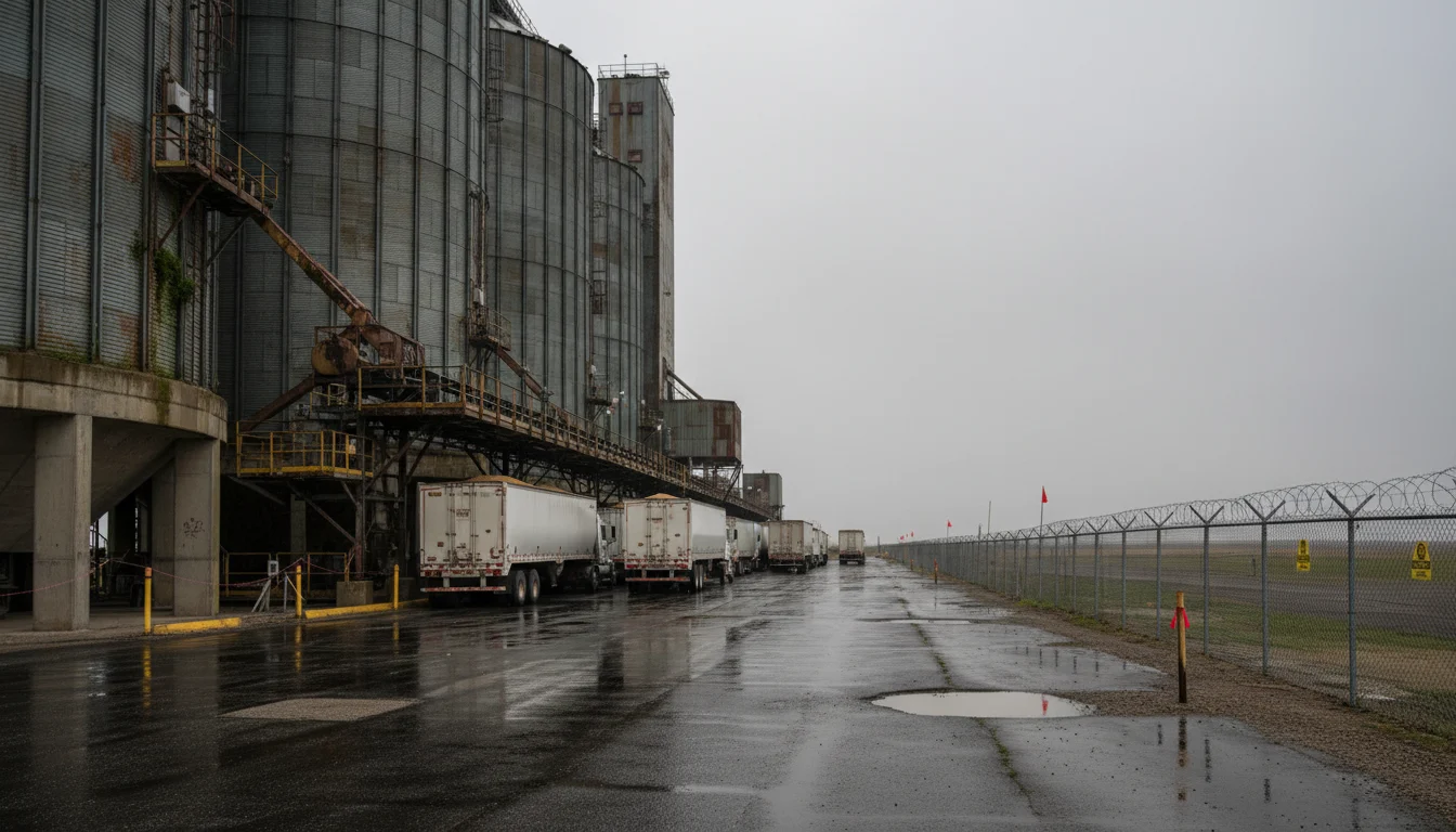 Aging grain silos and heavy trucks crowd a rain-slicked Canadian export terminal under overcast skies.