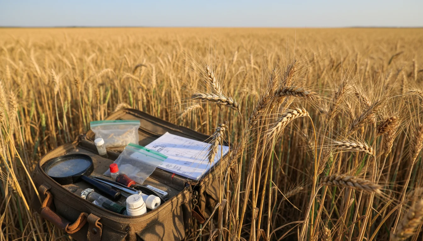 Tiges de blé des Prairies brumeuses présentant des lésions fongiques et des dommages causés par les insectes, trousse d'échantillonnage de biosécurité usée au premier plan.