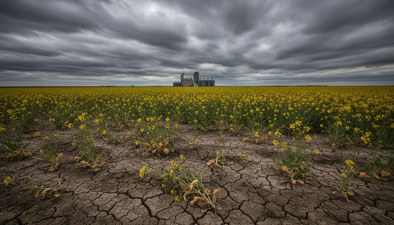 Un sol fissuré et des cultures de canola stressées s'étendent vers un élévateur à grains lointain sous un ciel couvert turbulent.