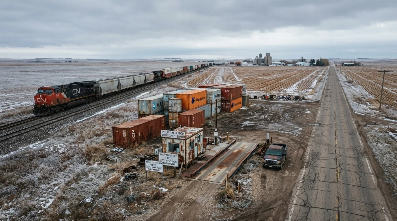 Weathered Canadian freight corridor with idle containers and rusted weigh station in frost-dusted prairie farmland under overcast skies.