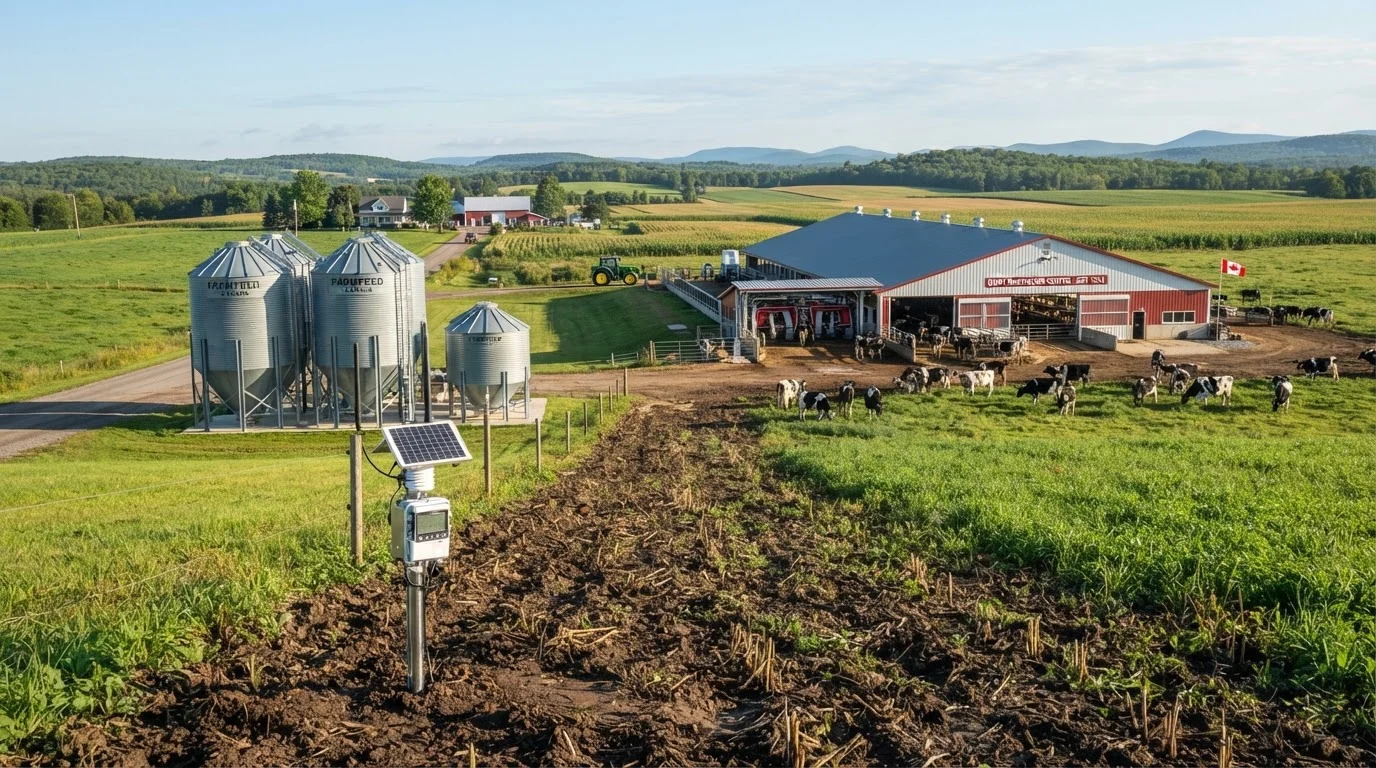 Canadian farm showing soil sensor near silos, automated milking system, and grazing cattle under clear morning light.