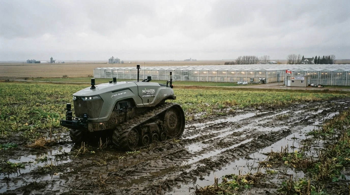 An autonomous tractor rests in a wet canola field, with tiered greenhouses stretching across the flat horizon.