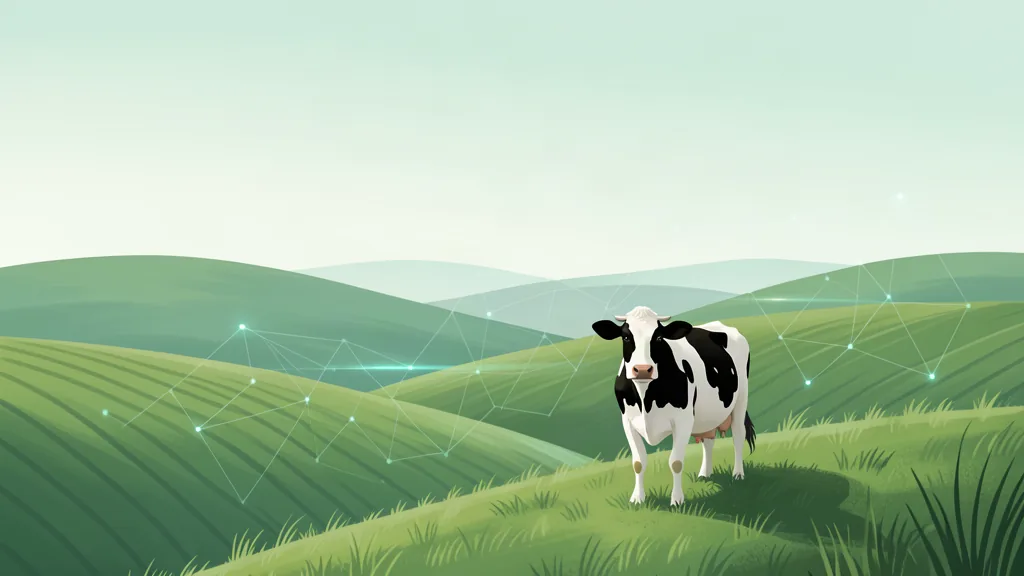 Illustration of a single black-and-white cow on rolling green farmland with a faint technological data-grid drifting over the fields