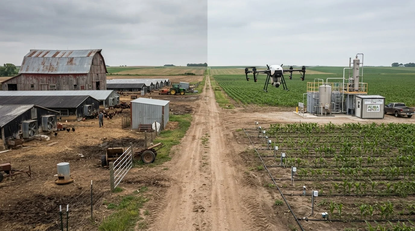 Scène divisée entre le passé et l’avenir de l’agriculture