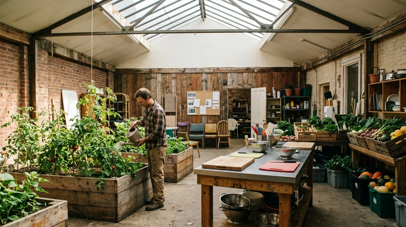 A volunteer waters tomato plants in raised beds inside a former retail space that also holds a shared kitchen and crates of local produce.