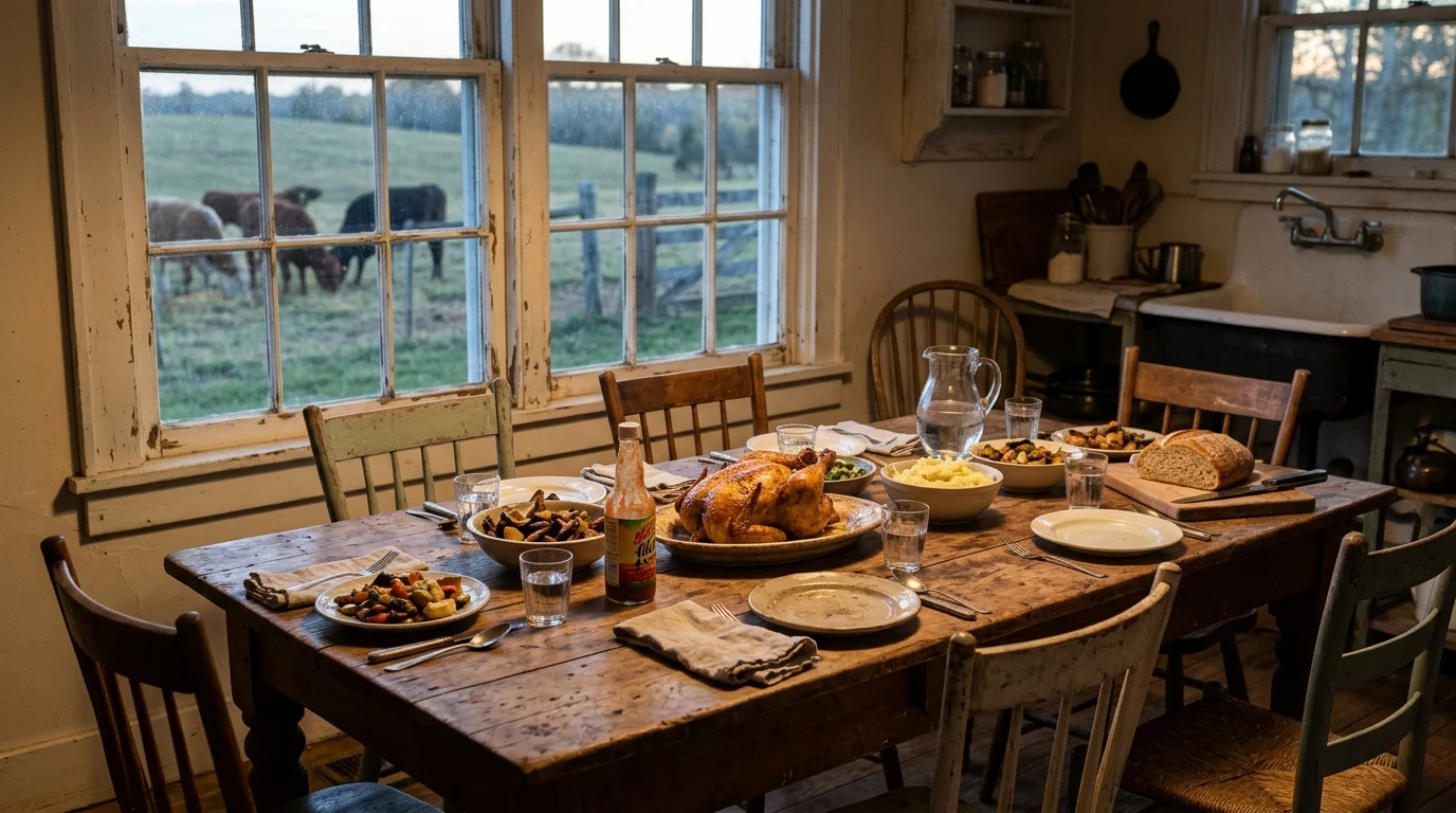 Une table de cuisine agricole usée par le temps, dressée pour un repas partagé au crépuscule, avec des chaises dépareillées, un poulet rôti et une fenêtre donnant sur des bovins qui paissent dans les dernières lueurs du jour.