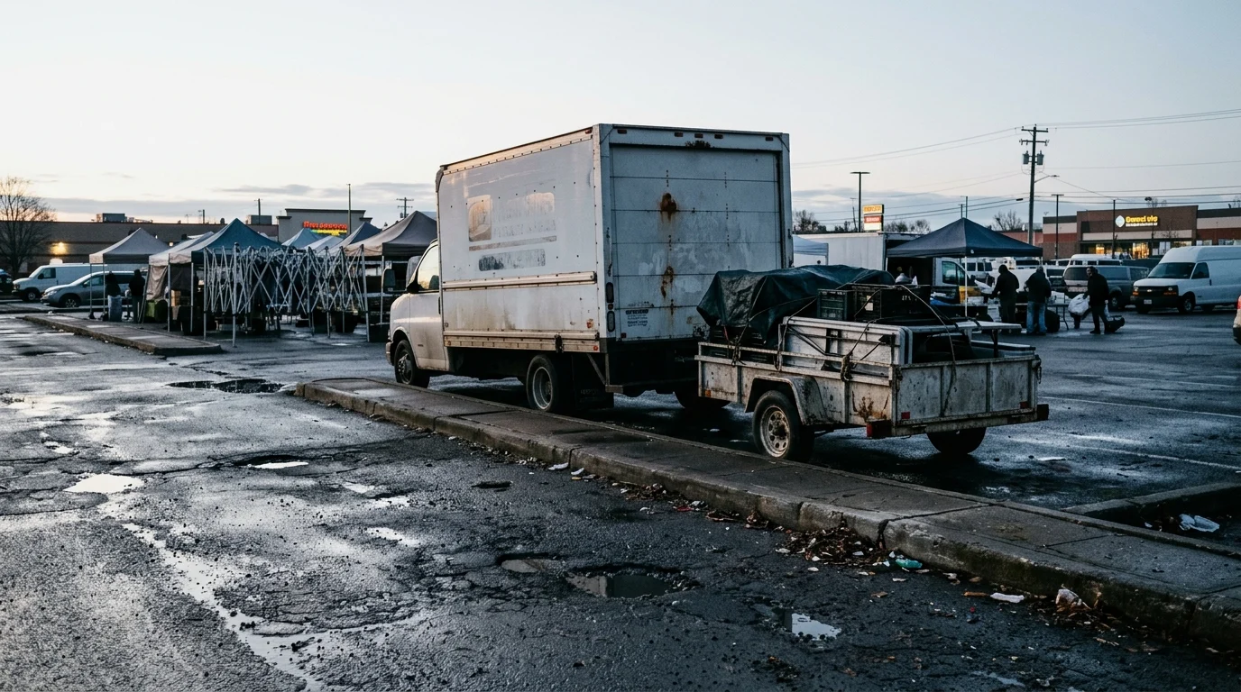A delivery truck and trailer parked at the curb beside folded market tents on a potholed parking lot at dawn.
