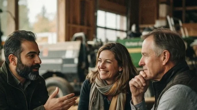 Trois personnes discutent autour d’une table en bois dans une grange; un ordinateur portable est ouvert devant elles et un tracteur est visible par la fenêtre derrière